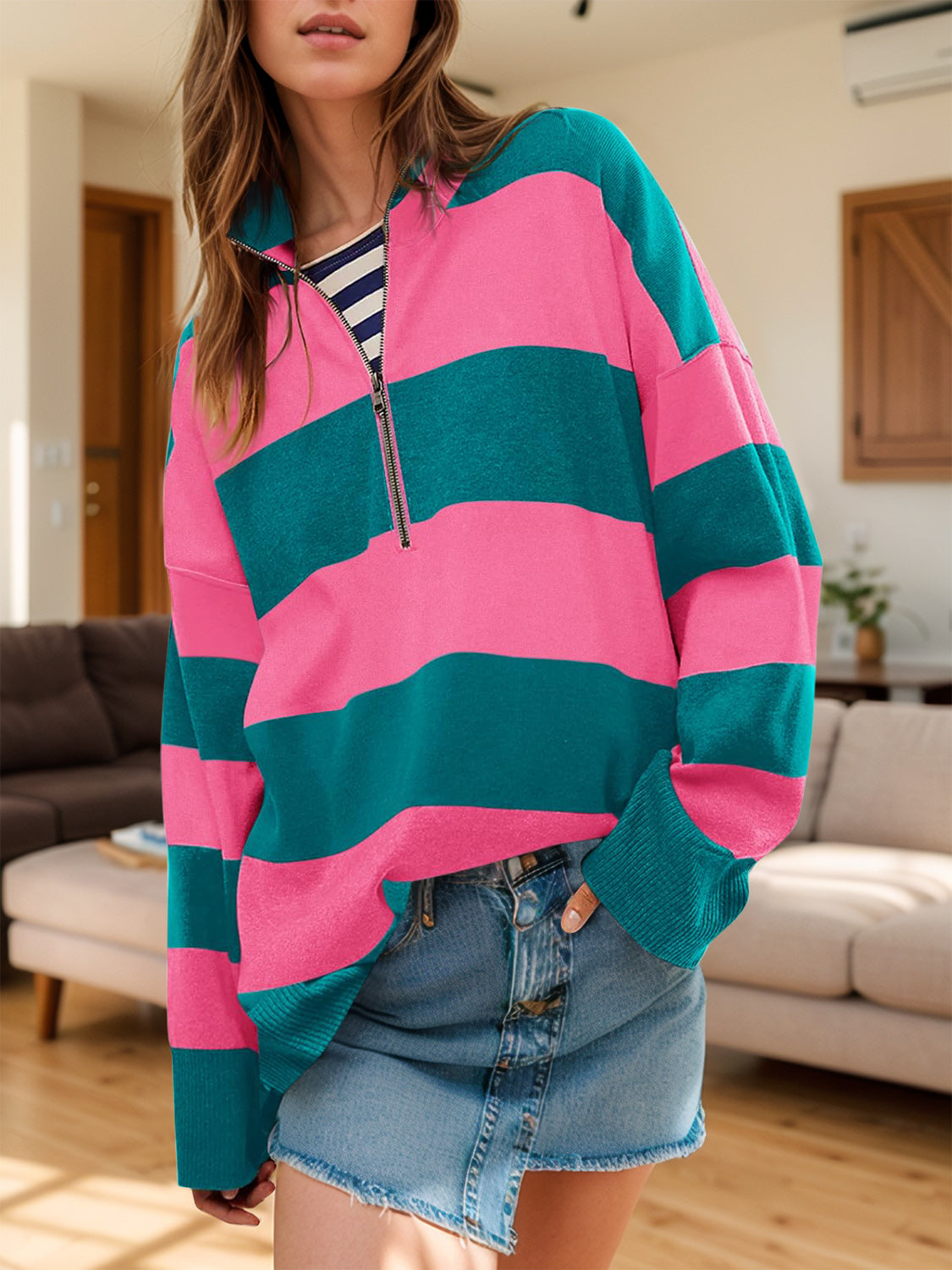 Color Block Half Zip Long Sleeve Sweater - Charming Charlie