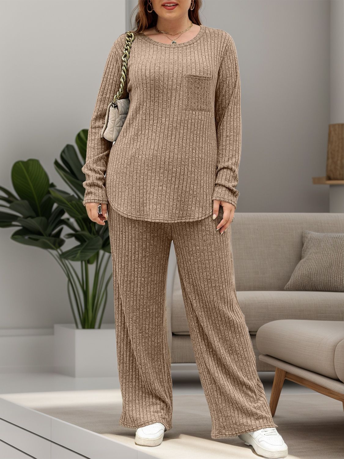 Round Neck Long Sleeve Top and Pants Set - Charming Charlie