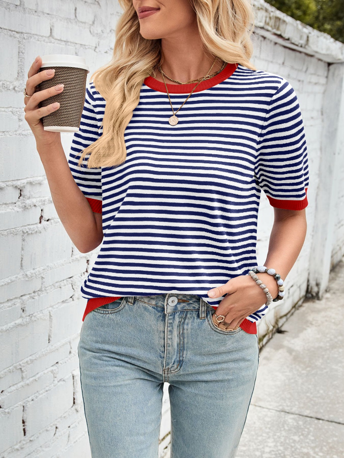 Lovelet Striped Contrast Round Neck Half Sleeve Knit Top - Charming Charlie