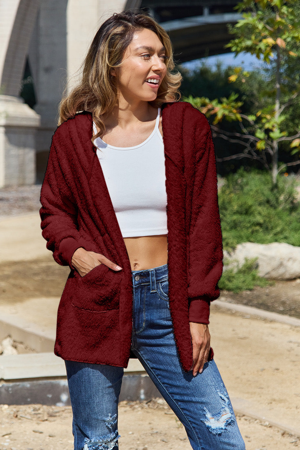 Full Size Teddy Hooded Jacket with Pockets - Charming Charlie