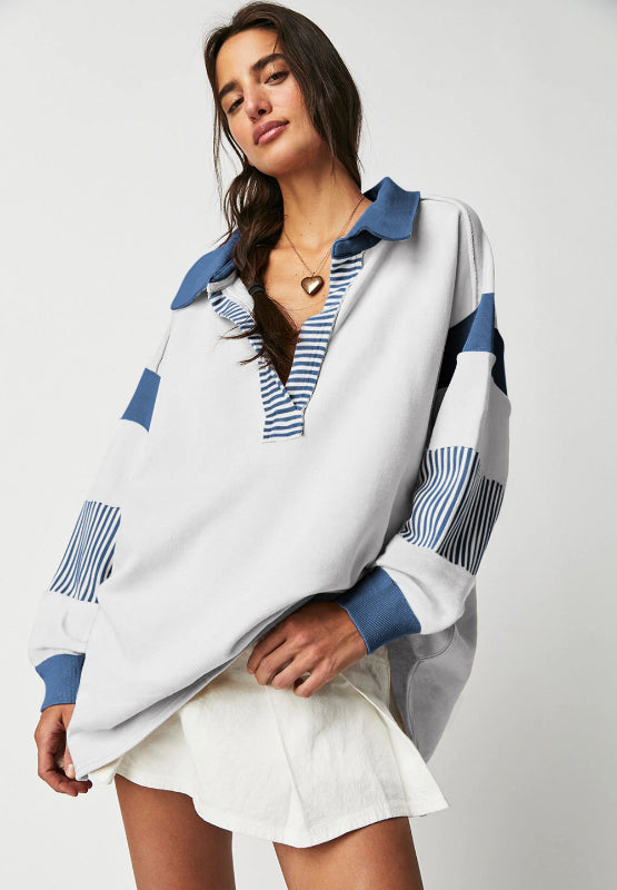 Color Block Johnny Collar Long Sleeve Sweatshirt - Charming Charlie