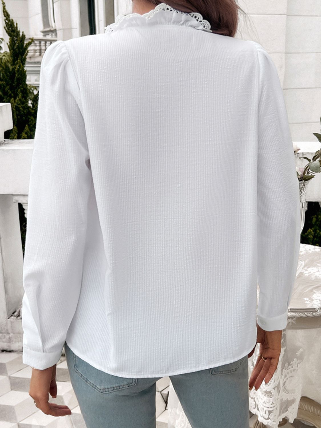 Lace Detail Ruffled Round Neck Long Sleeve Shirt - Charming Charlie