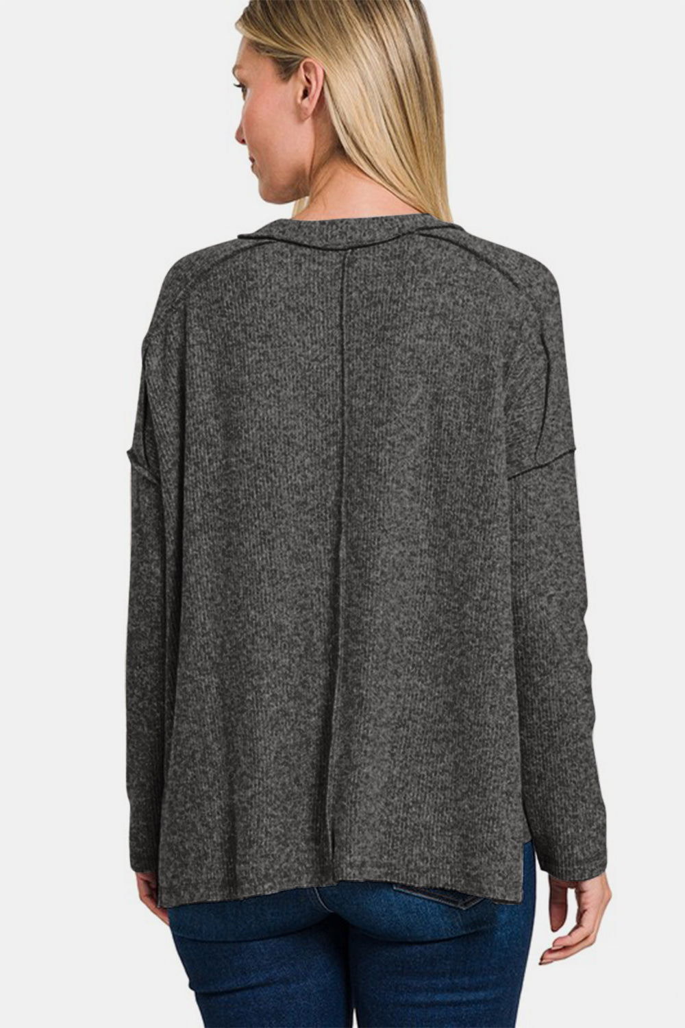 Zenana Full Size Exposed Seam Brushed Round Neck Sweater - Charming Charlie