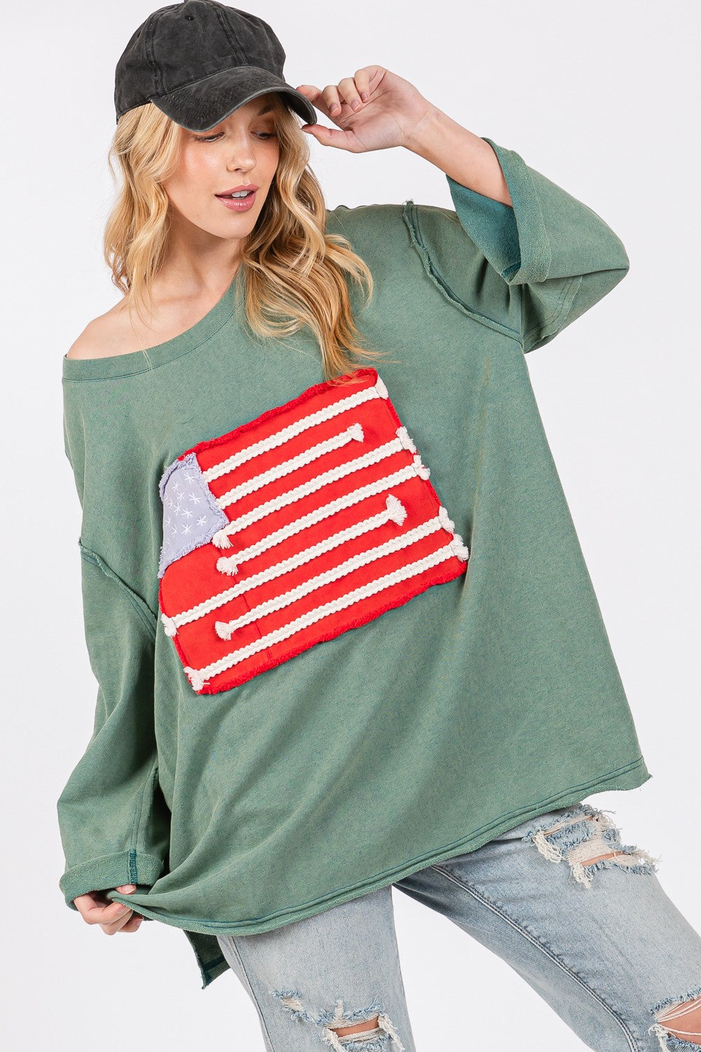 SAGE + FIG Full Size American Flag Patch Drop Shoulder T-Shirt - Charming Charlie