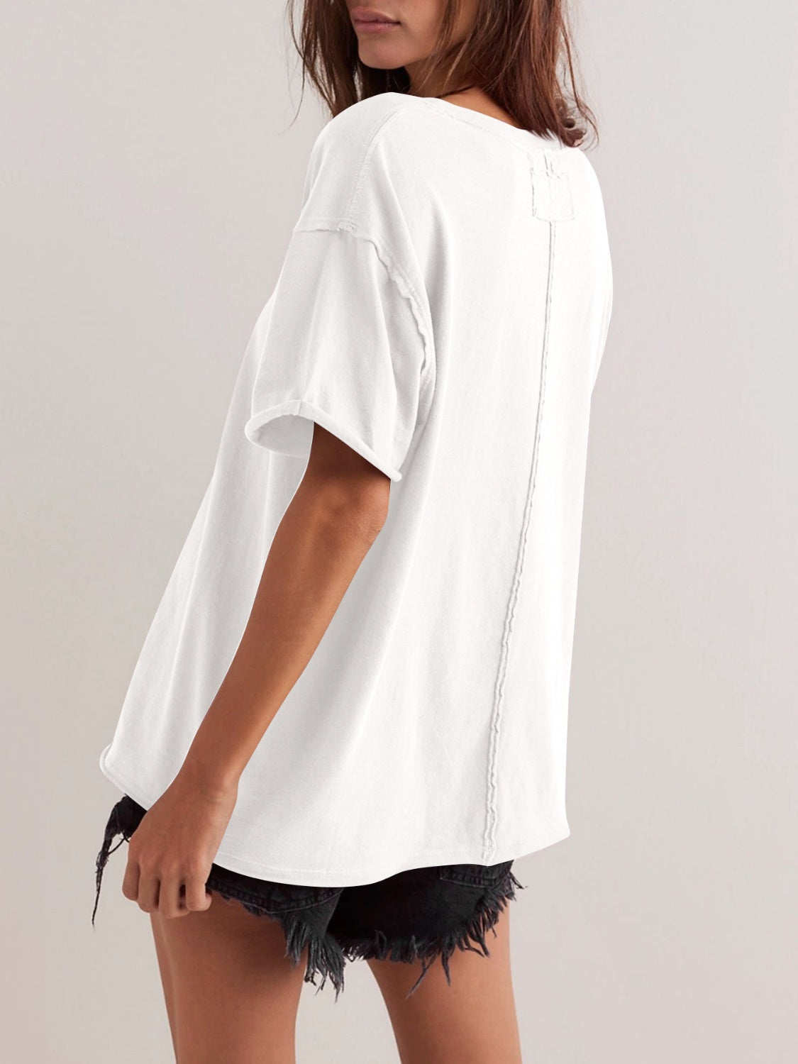 Lovelet Exposed Seam Round Neck Half Sleeve T-Shirt - Charming Charlie