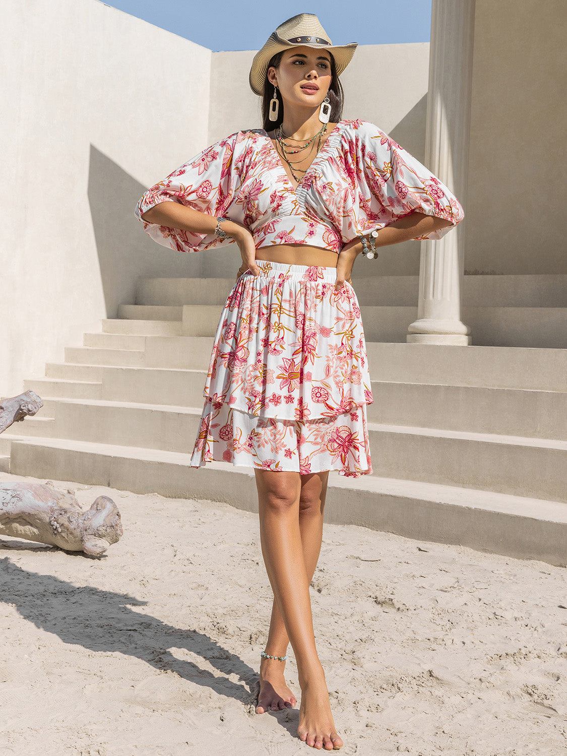 Printed Half Sleeve Top and Layered Skirt Set - Charming Charlie