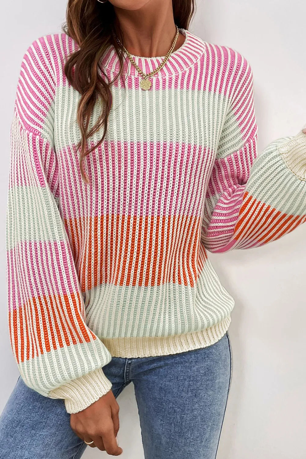 Striped Color Block Round Neck Long Sleeve Sweater - Charming Charlie