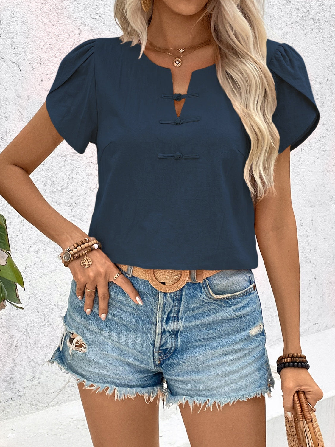Notched Short Sleeve Blouse - Charming Charlie