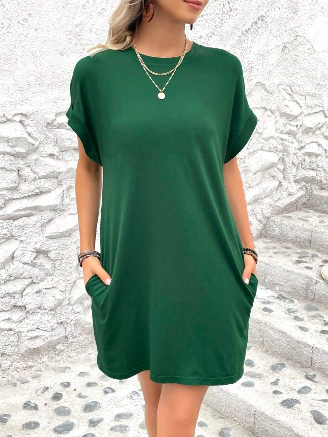 Round Neck Short Sleeve Mini Dress - Charming Charlie