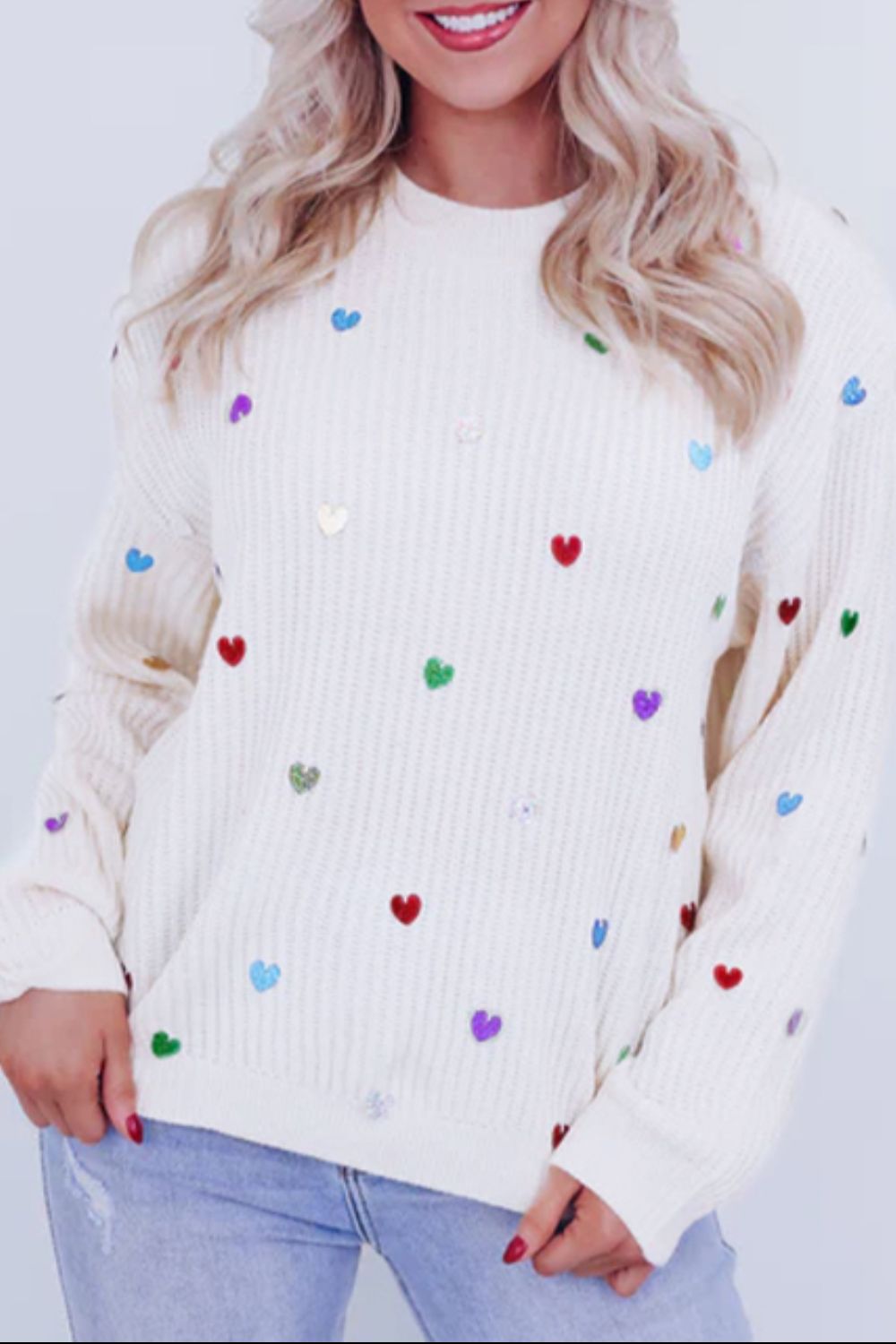 Heart Sequin Round Neck Long Sleeve Sweater - Charming Charlie