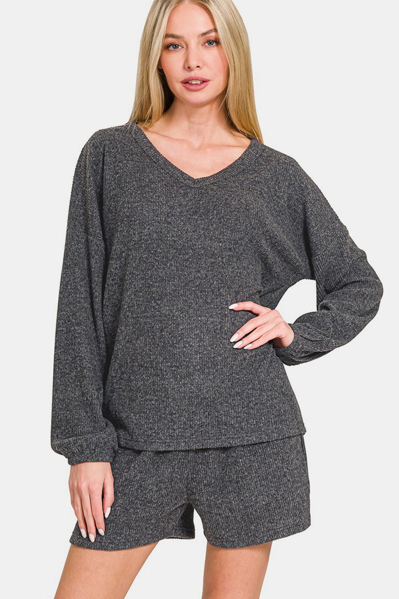 Zenana Full Size V-Neck Short Sleeve Slit T-Shirt and Shorts Set main image 0