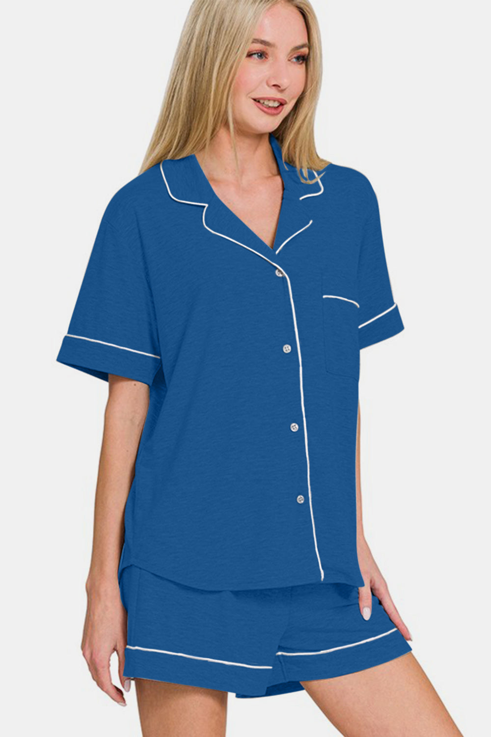 Zenana Button Down Short Sleeve Top and Shorts Lounge Set - Charming Charlie