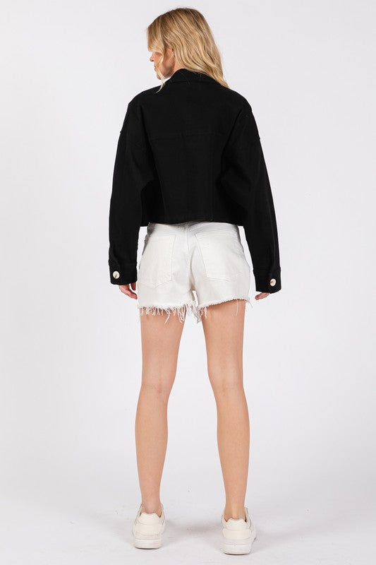 bytos Button Down Cropped Denim Jacket with Patch Pockets - Charming Charlie