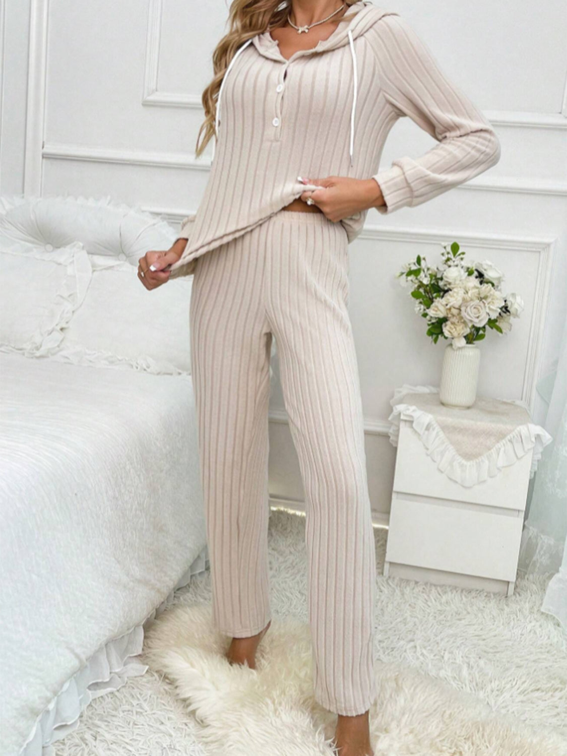 Drawstring Half Button Hooded Top and Ribbed Pants Set - Charming Charlie