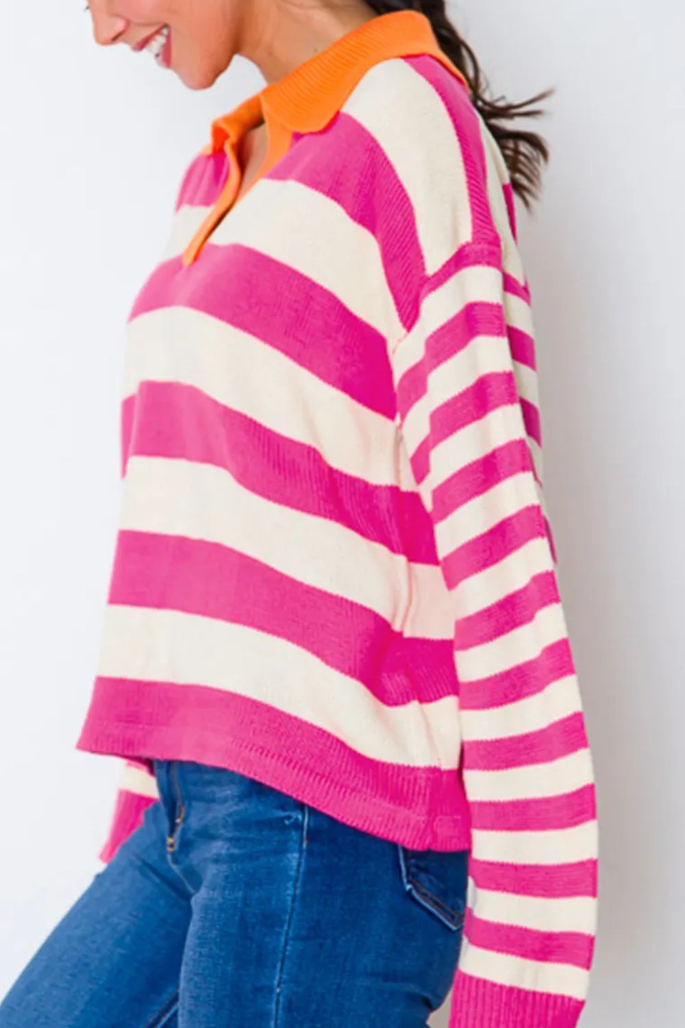 Contrast Stripes Johnny Collar Long Sleeve Sweater - Charming Charlie