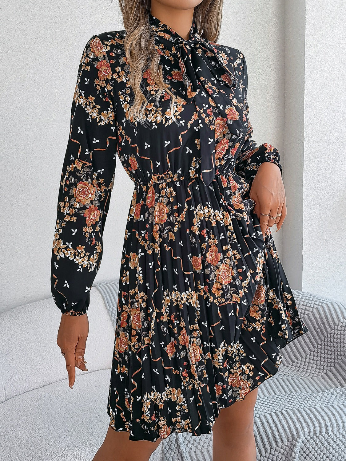 Pleated Printed Tie Neck Long Sleeve Dress - Charming Charlie