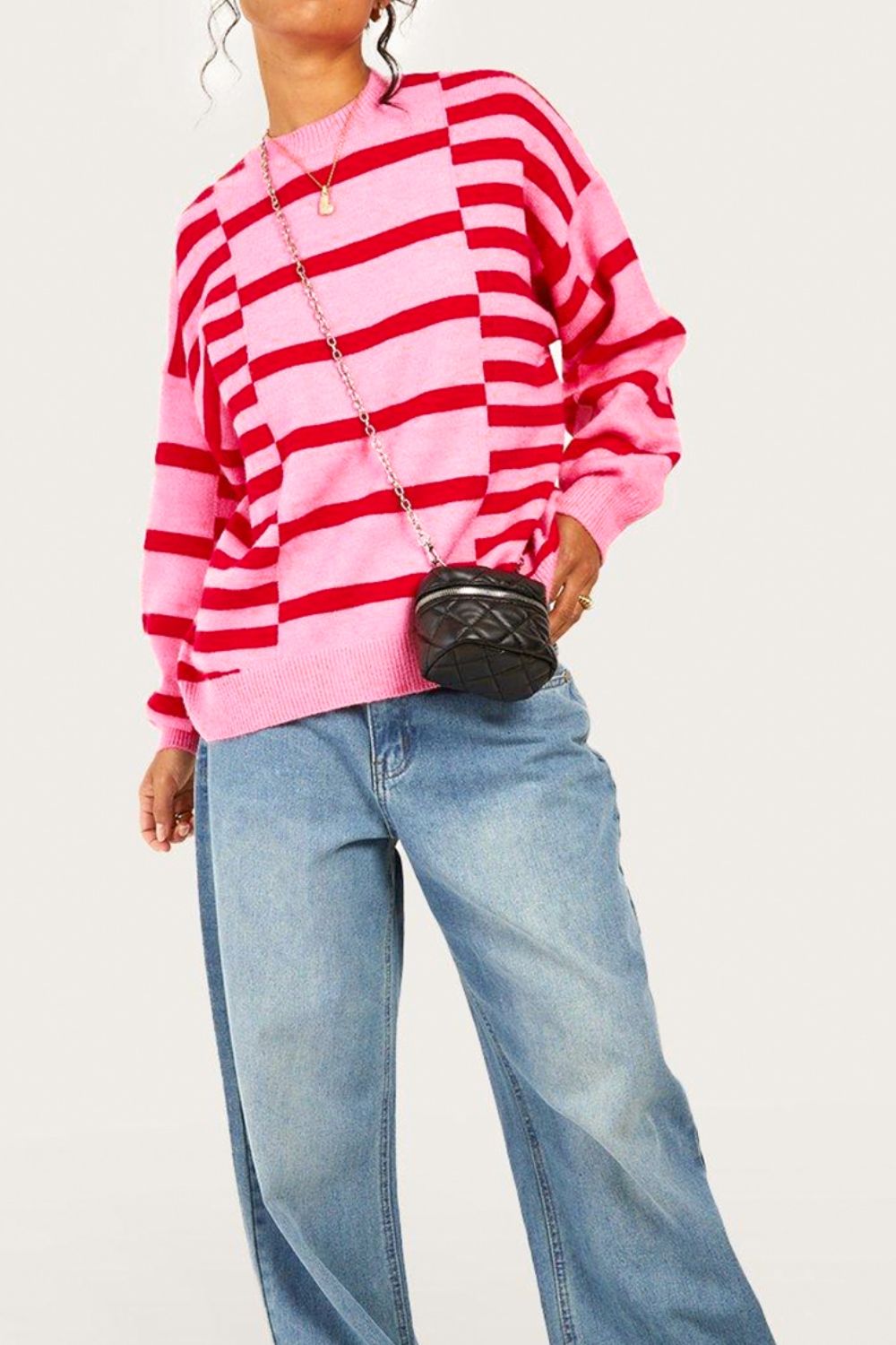 Striped Round Neck Dropped Shoulder Sweater - Charming Charlie