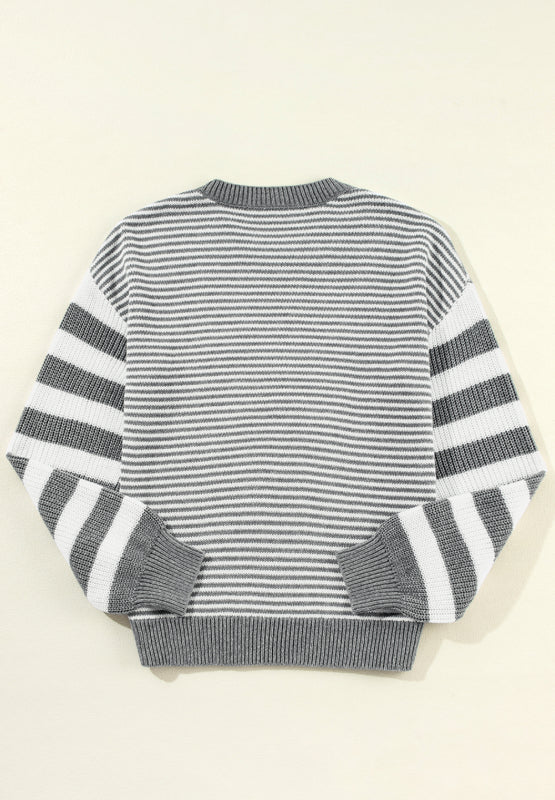 Striped Round Neck Dropped Shoulder Sweater - Charming Charlie