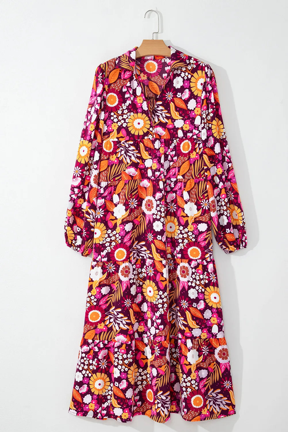 Printed Johnny Collar Long Sleeve Midi Dress - Charming Charlie