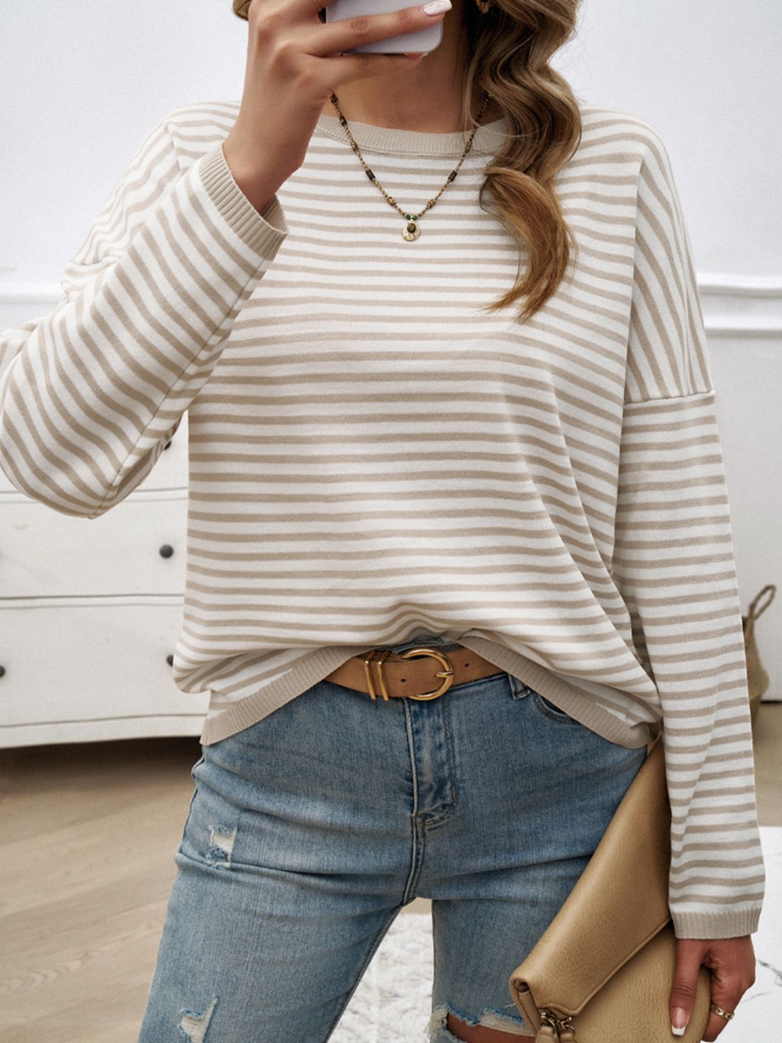 Striped Round Neck Dropped Shoulder Sweater - Charming Charlie