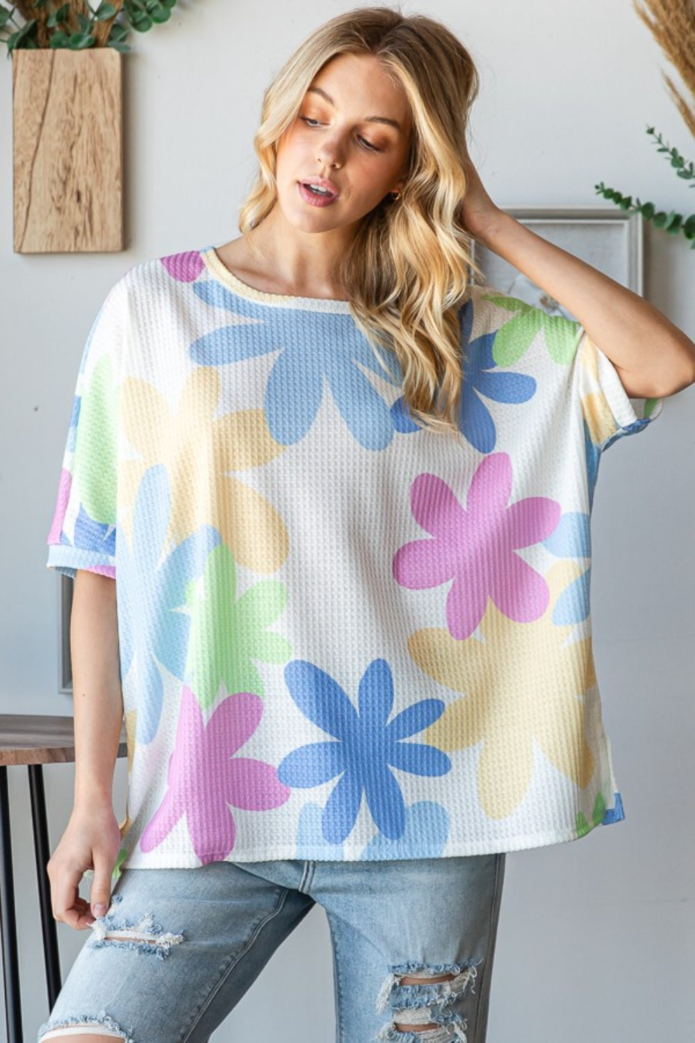 HOPELY Floral Round Neck Waffle T-Shirt - Charming Charlie
