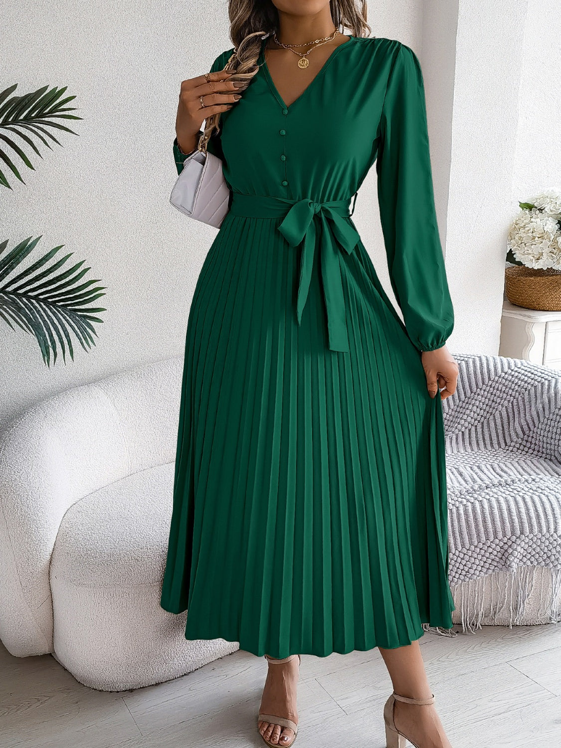 Pleated Tied V-Neck Long Sleeve Dress - Charming Charlie