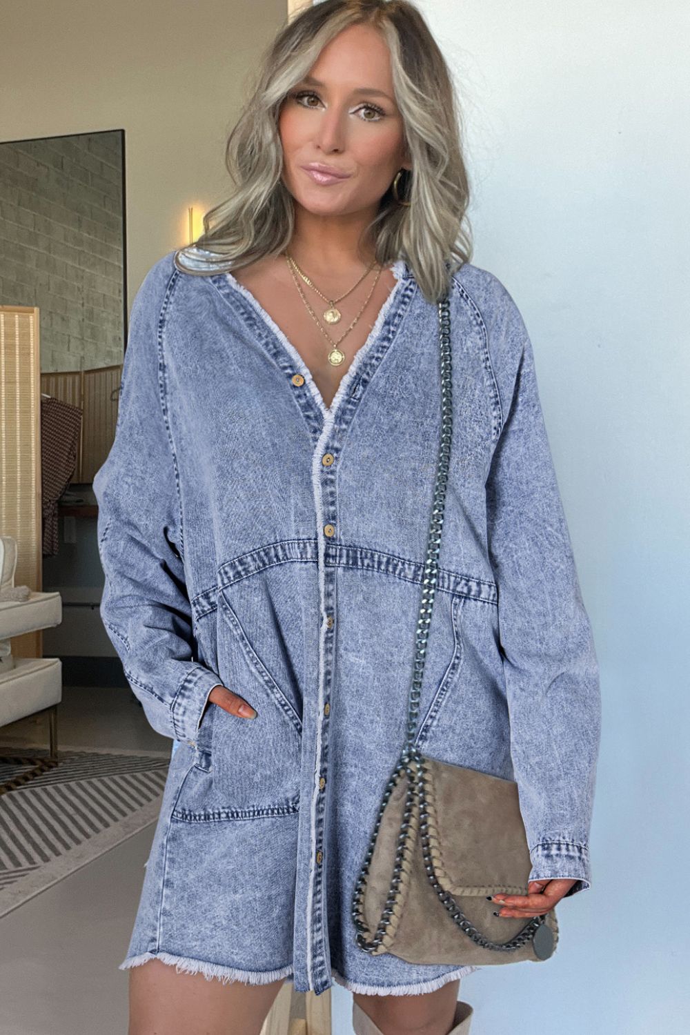 Raw Hem Button Down Long Sleeve Denim Dress - Charming Charlie