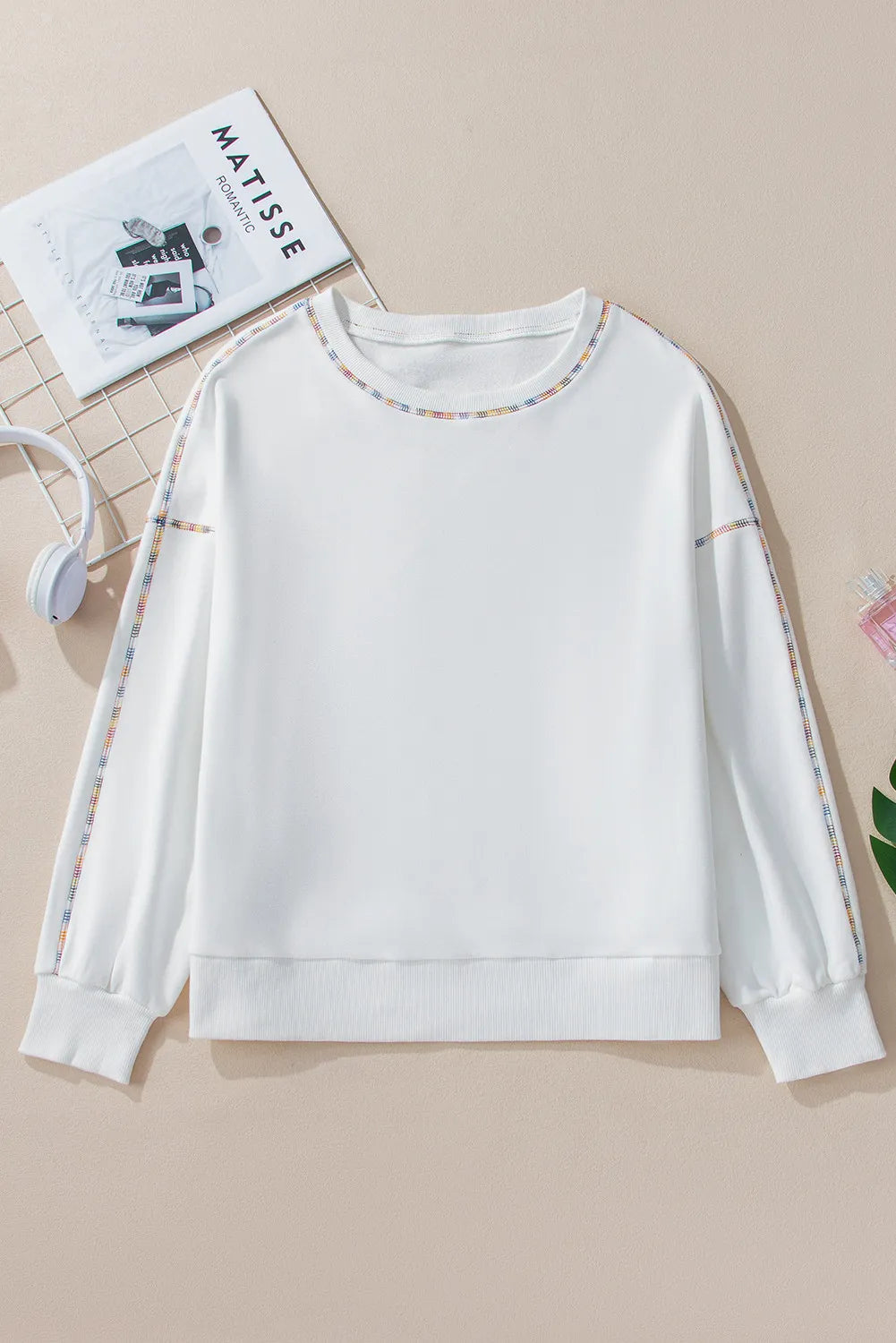 Rainbow Trim Round Neck Long Sleeve Sweatshirt - Charming Charlie