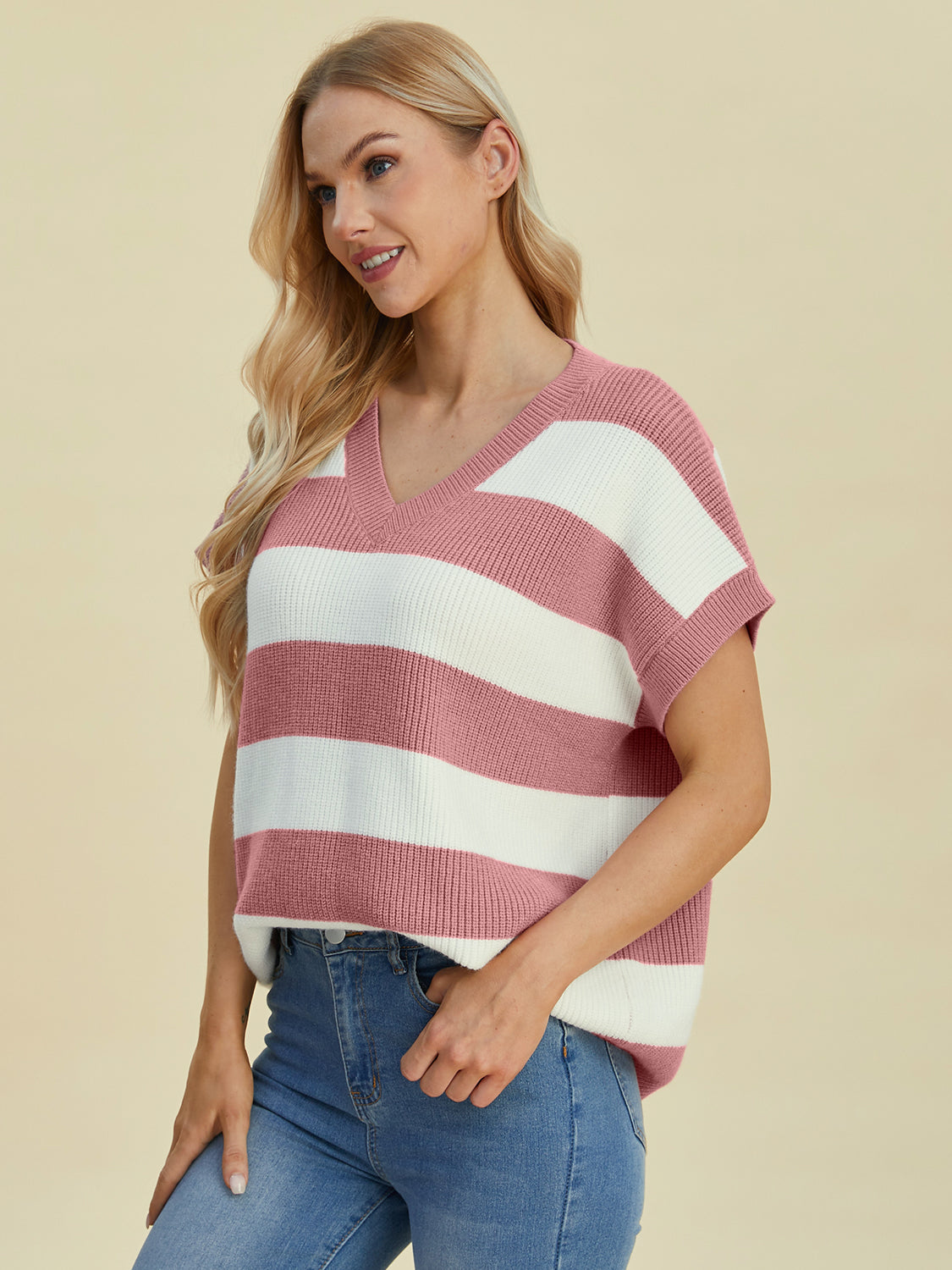 Double Take Full Size Striped V-Neck Short Sleeve Sweater - Charming Charlie