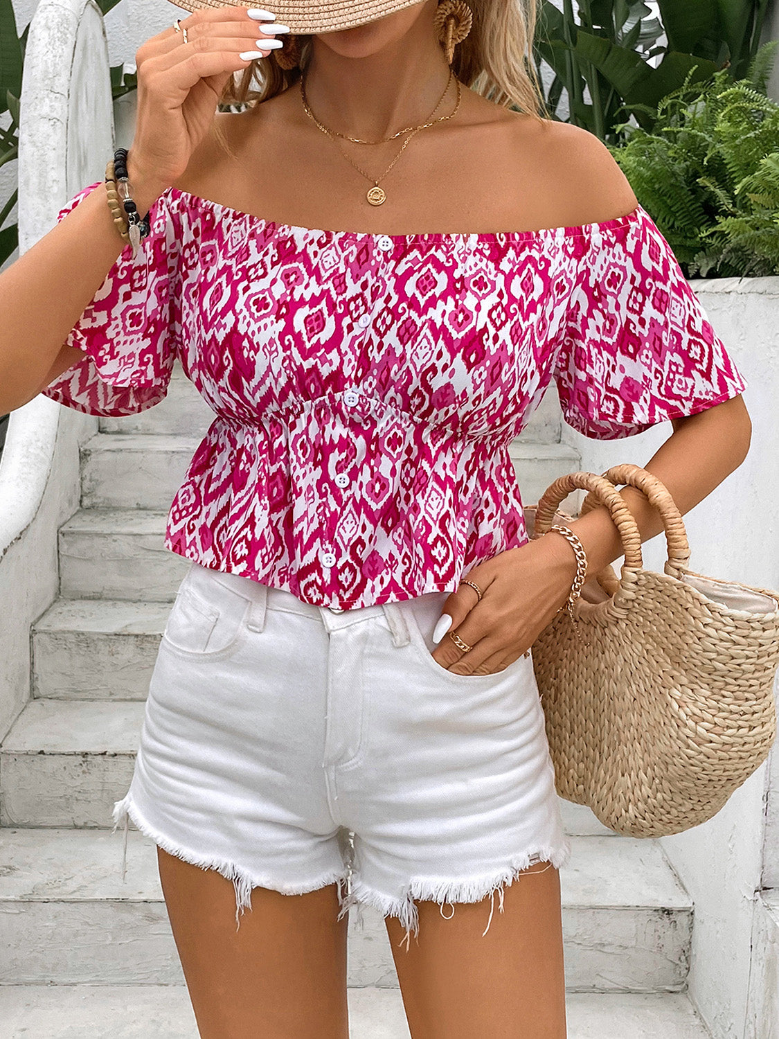 Peplum Printed Off-Shoulder Short Sleeve Blouse - Charming Charlie