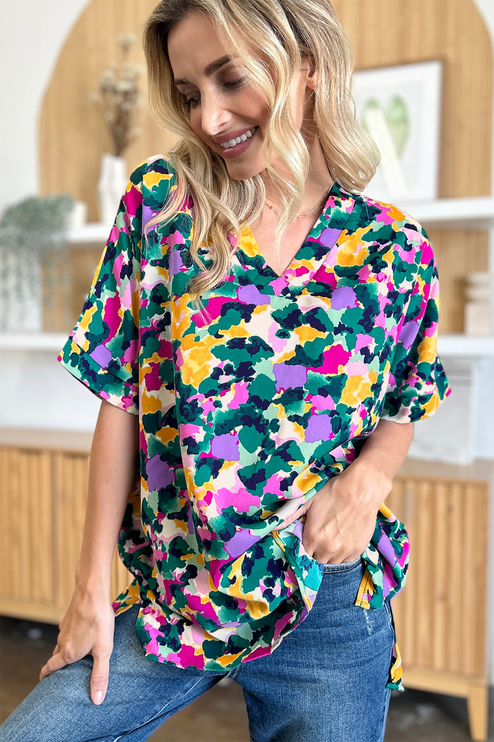 Double Take Full Size Printed V-Neck Short Sleeve Side Slit Top - Charming Charlie