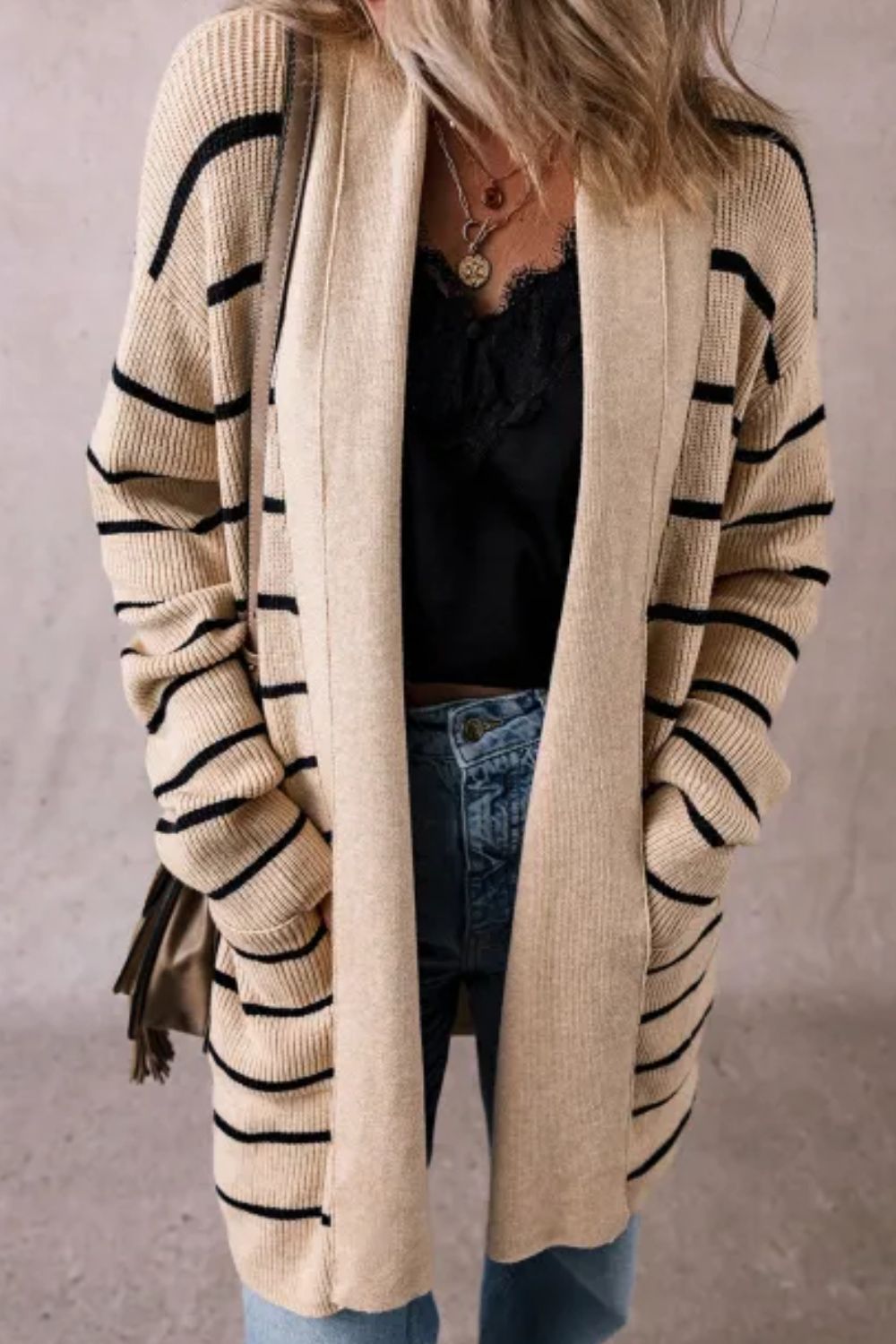 Striped Open Front Long Sleeve Cardigan - Charming Charlie