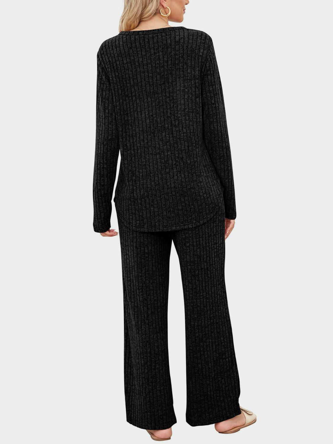 Round Neck Long Sleeve Top and Pants Set - Charming Charlie