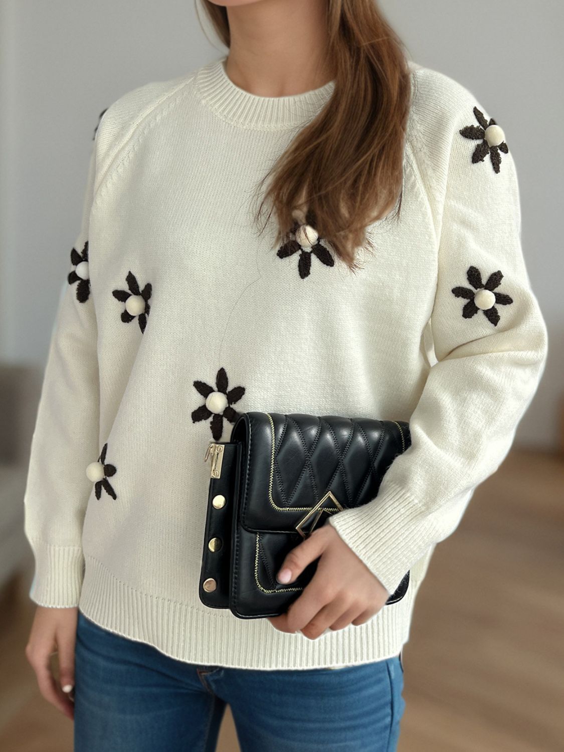 Flower Round Neck Raglan Sleeve Sweater - Charming Charlie