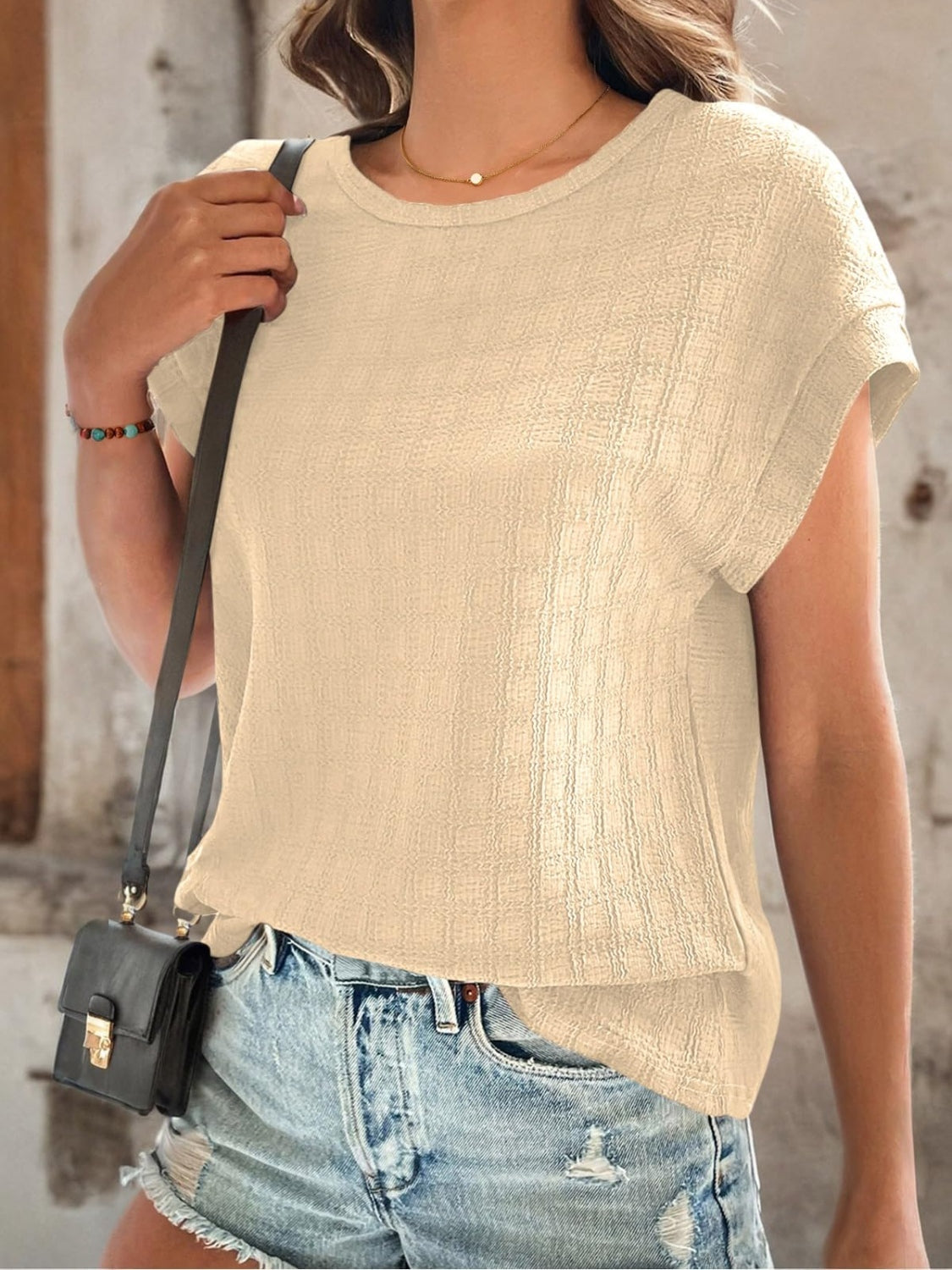 Textured Round Neck Short Sleeve Top - Charming Charlie