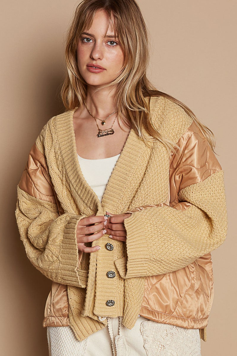 POL Quilting Patch Button Up Cable Knit Jacket - Charming Charlie