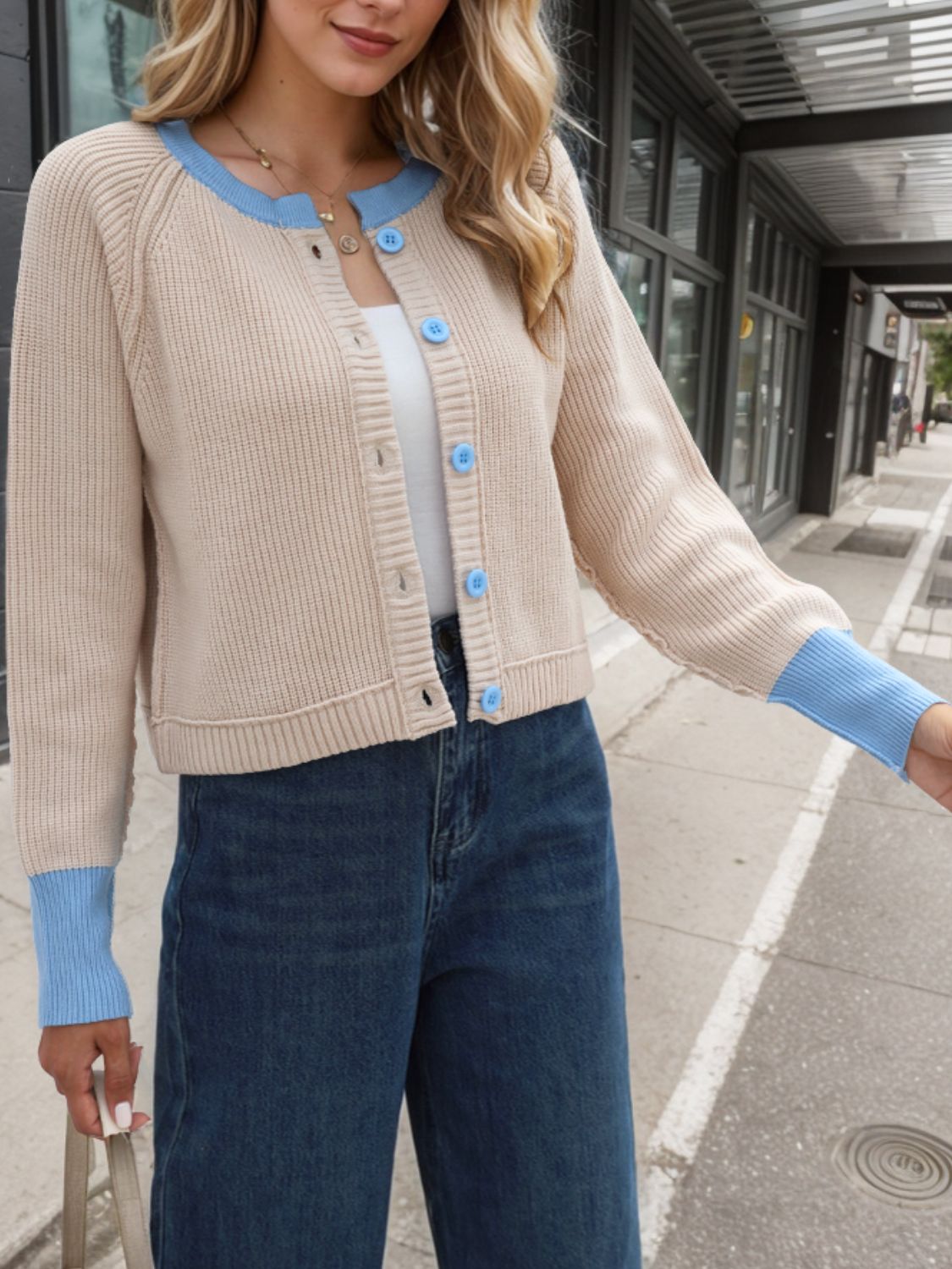 Contrast Button Up Long Sleeve Cardigan - Charming Charlie
