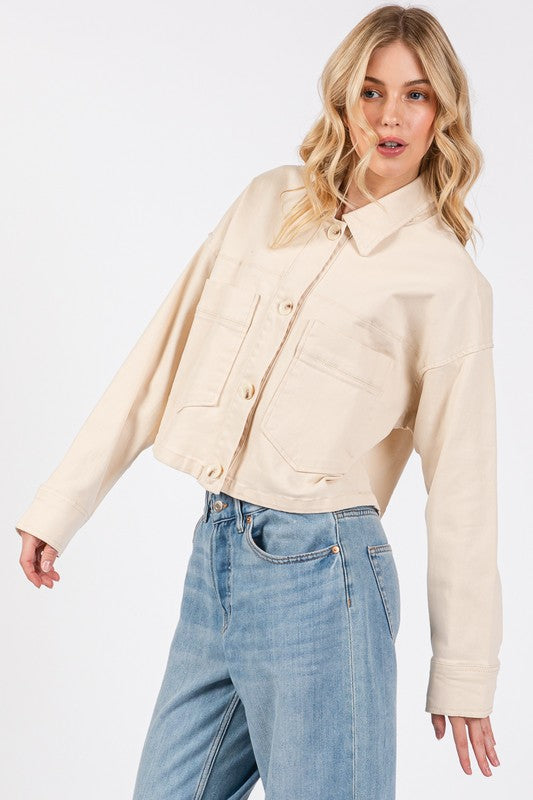 bytos Button Down Cropped Denim Jacket with Patch Pockets - Charming Charlie