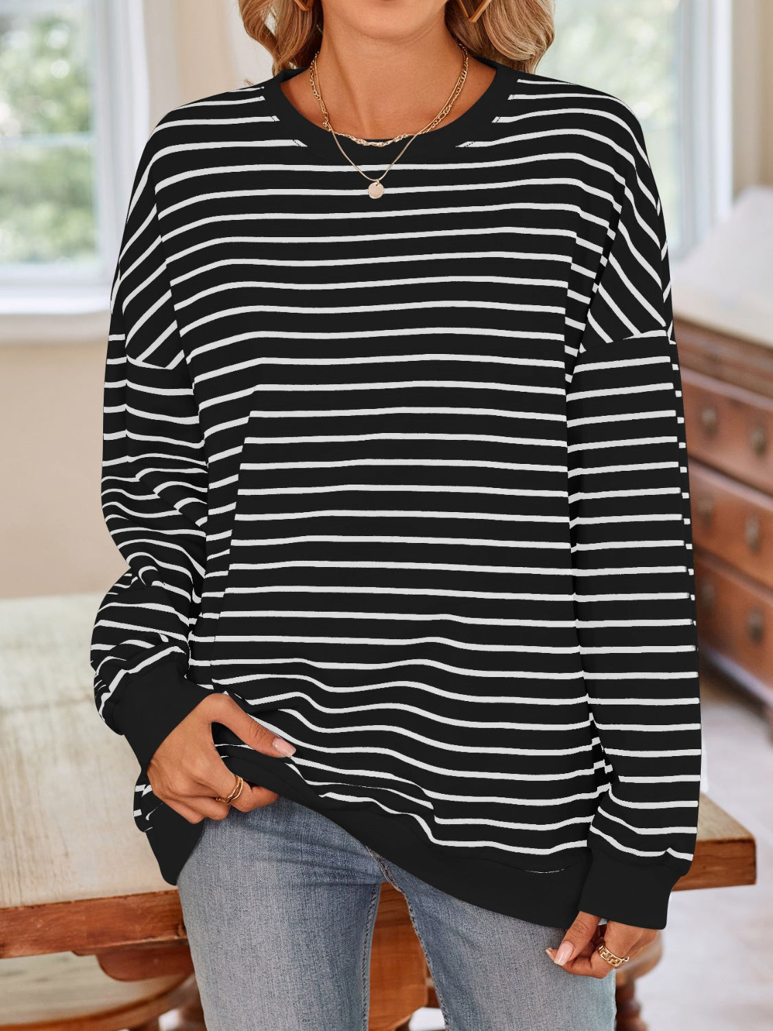 Striped Round Neck Long Sleeve Sweatshirt - Charming Charlie