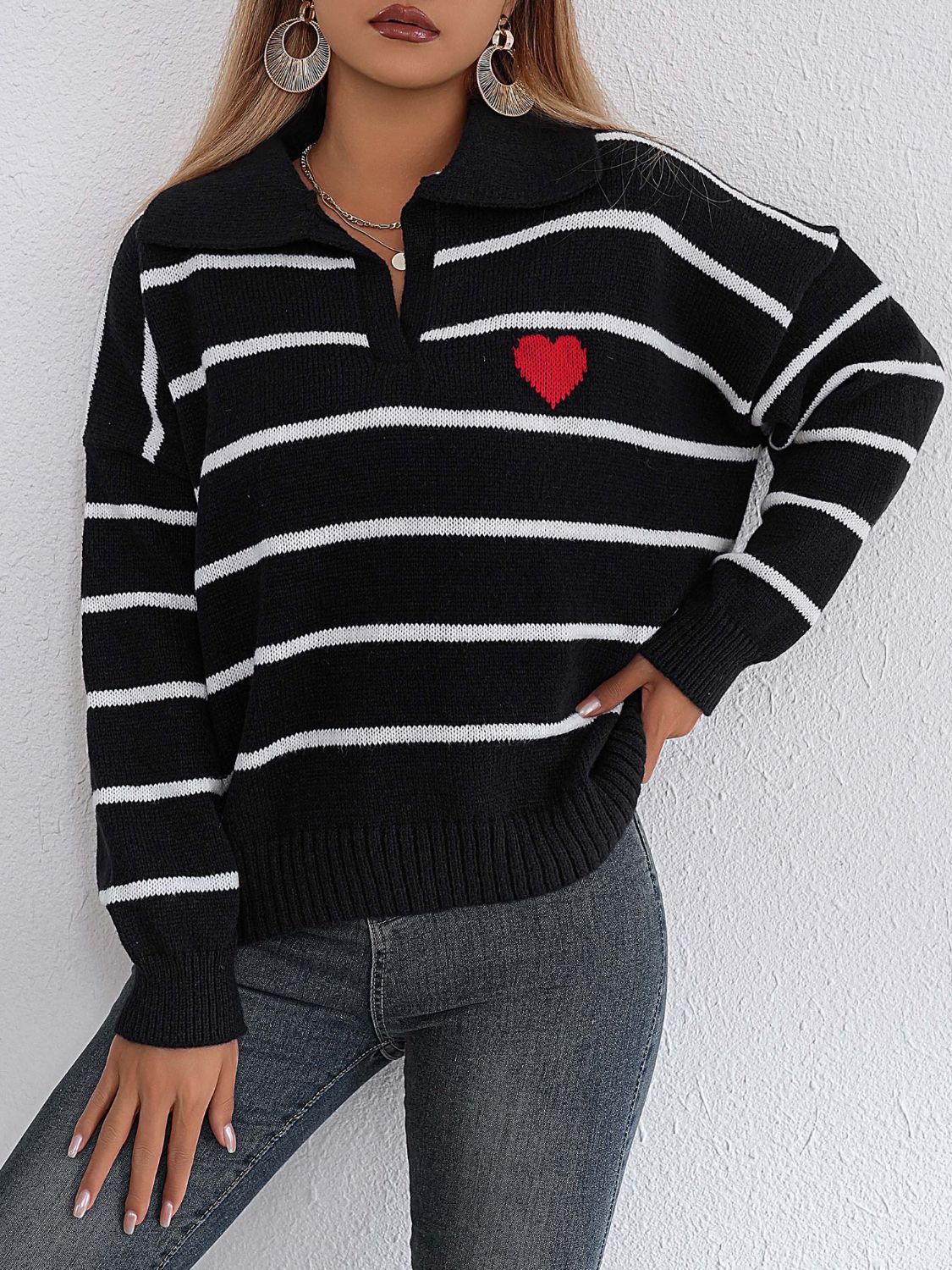 Striped Johnny Collar Long Sleeve Sweater - Charming Charlie