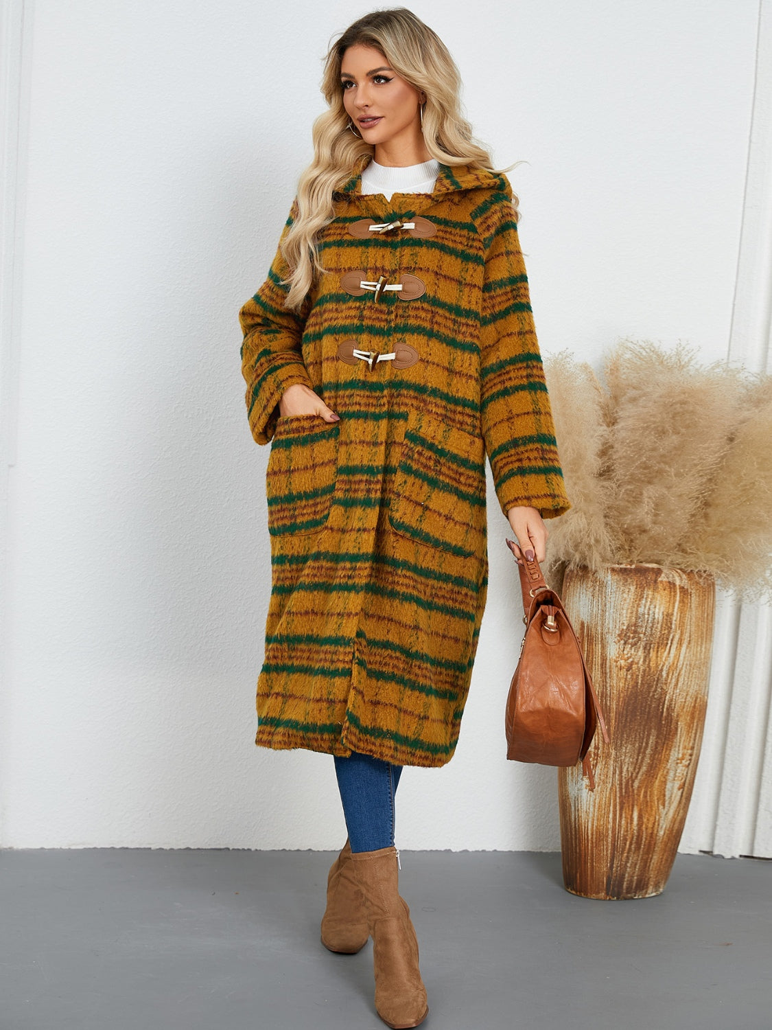 Plaid Long Sleeve Hooded Coat with Pockets - Charming Charlie