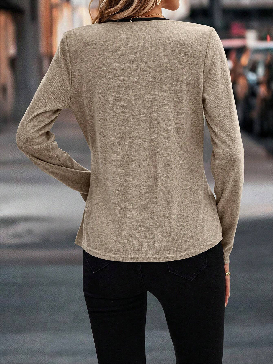 Full Size Crisscross Contrast Trim Long Sleeve T-Shirt - Charming Charlie