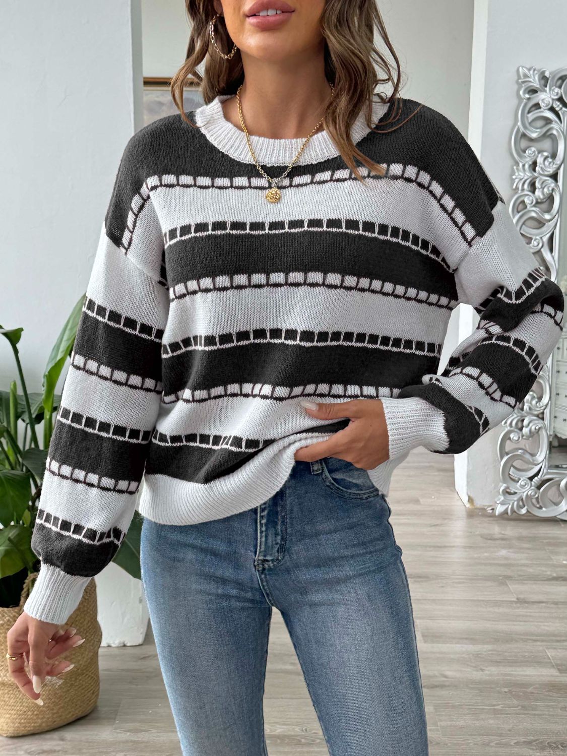 Striped Round Neck Long Sleeve Sweater - Charming Charlie