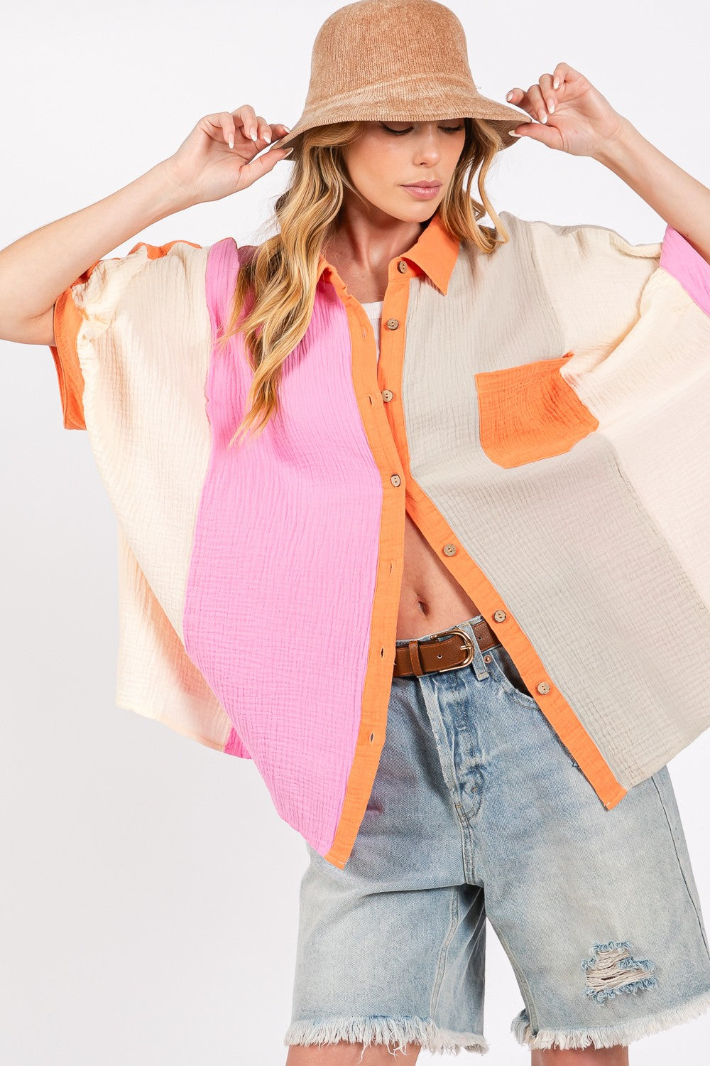 SAGE + FIG Full Size Color Block Button-Down Shirt - Charming Charlie