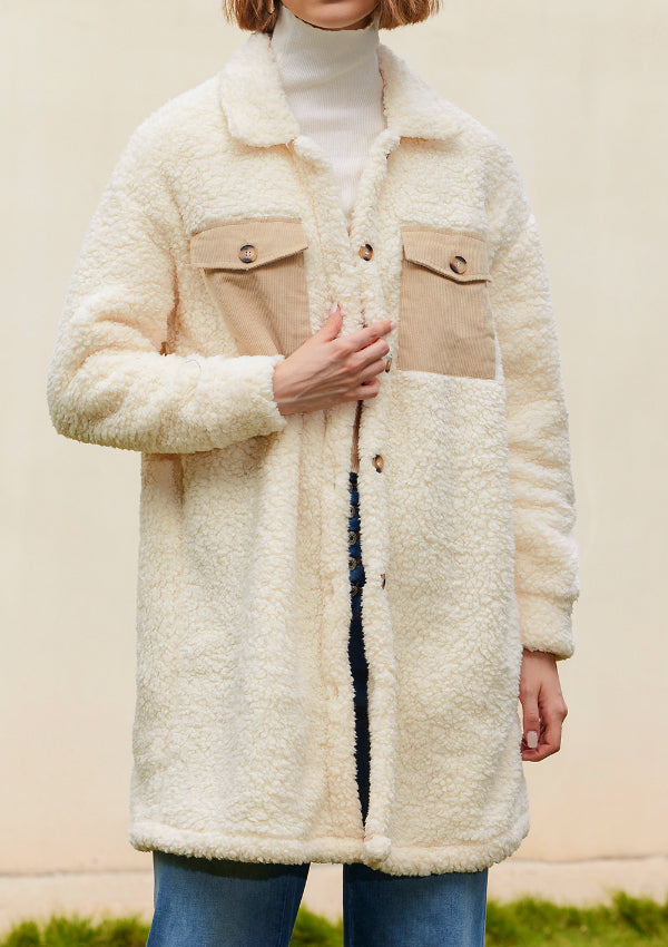Collared Neck Long Sleeve Longline Teddy Jacket - Charming Charlie