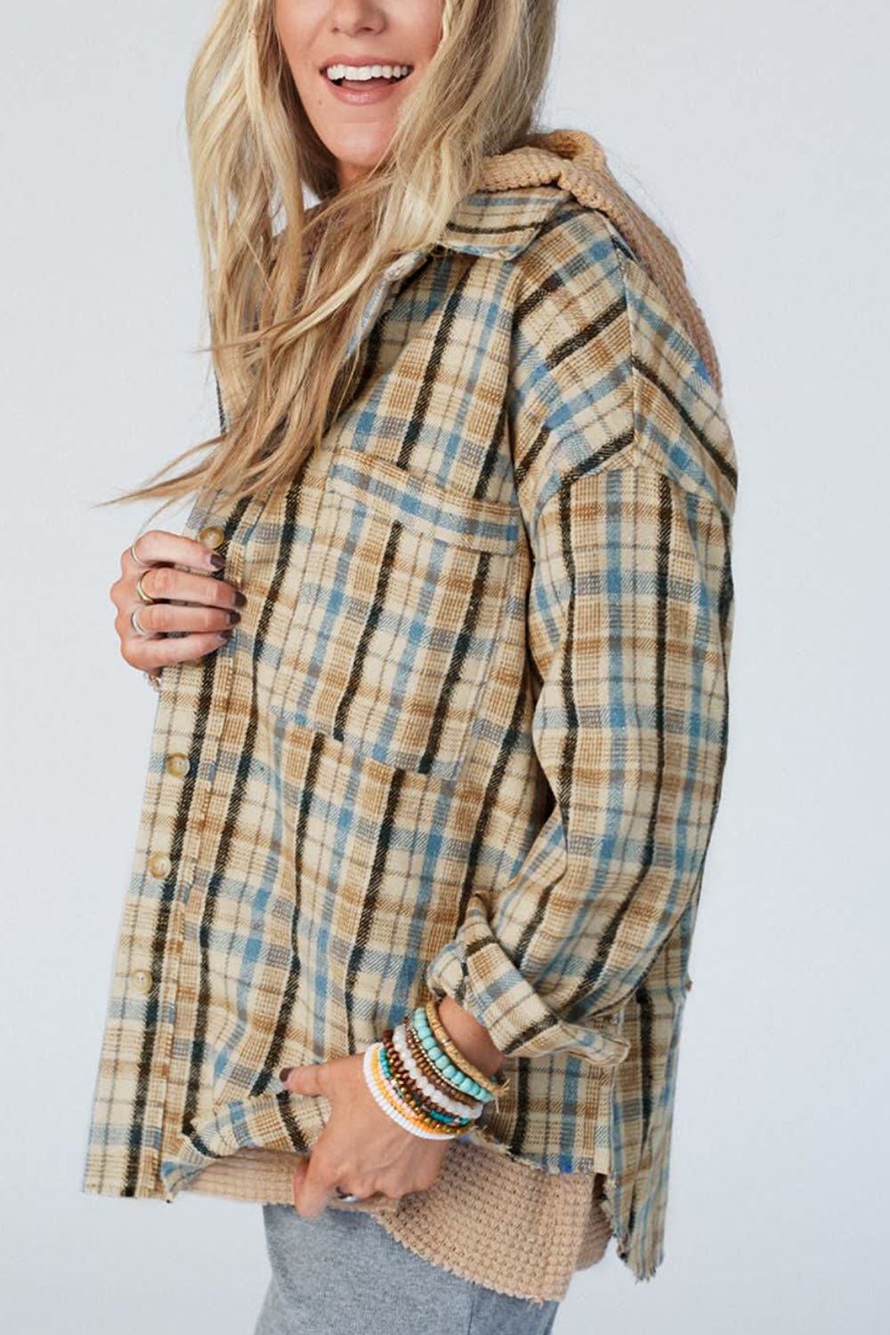 Drawstring Waffle Knit Patchwork Hooded Plaid Shacket - Charming Charlie