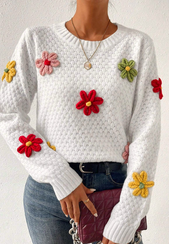Crochet Flower Round Neck Long Sleeve Sweater - Charming Charlie
