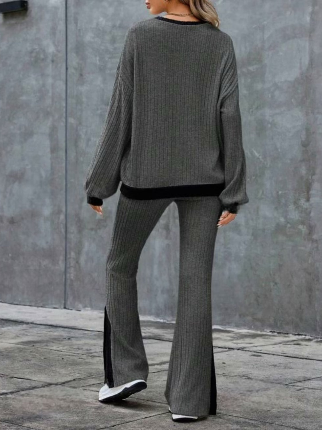 Contrast Round Neck Long Sleeve Top and Bootcut Pants Set - Charming Charlie