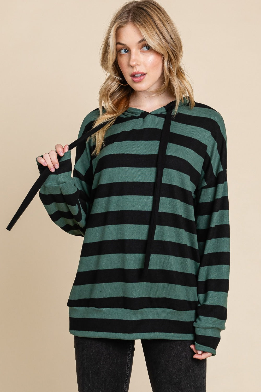 BOMBOM Drawstring Striped Dropped Shoulder Hoodie - Charming Charlie