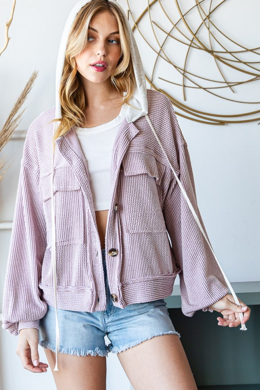 Reborn J Contrast Hooded Button Down Ribbed Jacket - Charming Charlie